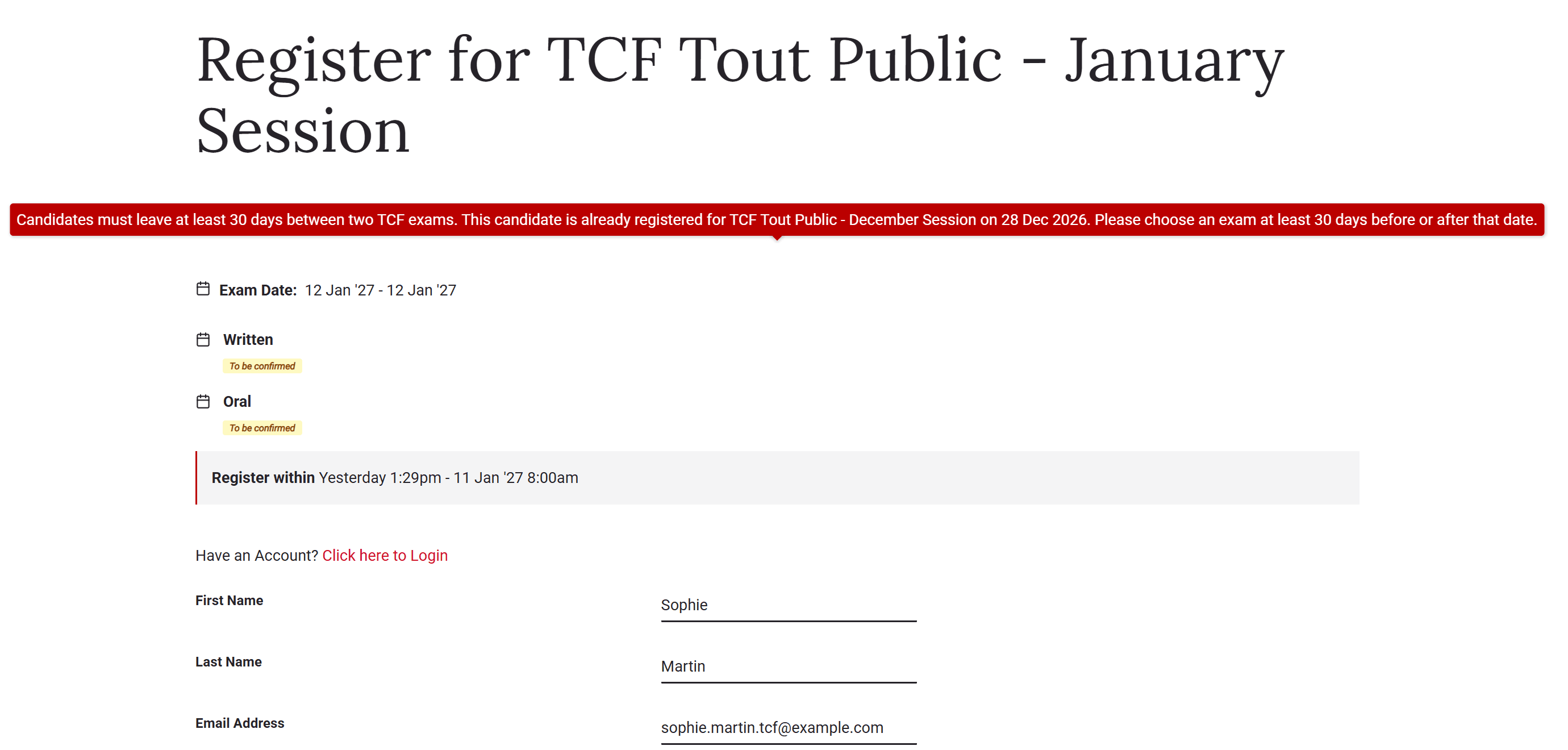 Exam registration form with a red error saying the candidate must leave at least 30 days between two TCF exams
